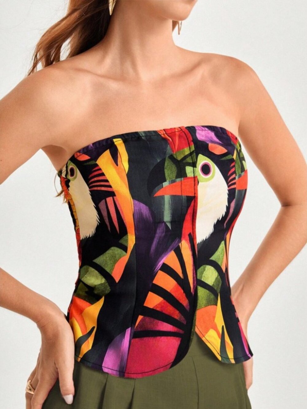 Black Yellow Toucan Print Strapless Tube Top